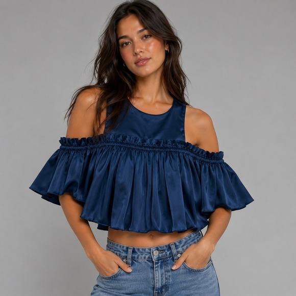 Jill Stuart Tops - Jill Stuart Satin Top Womens XS Blue Cropped Off Shoulder Pleated Ruffle